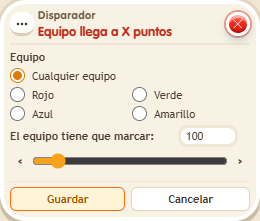 Ventana de configuración de «Disparador: equipo llega a X puntos»