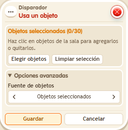 Ventana de configuración de «Disparador: usa un objeto»