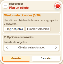 Ventana de configuración de «Disparador: pisa un objeto»
