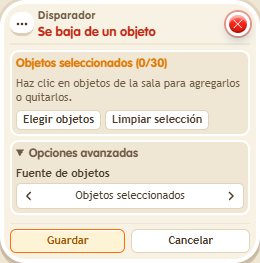 Ventana de configuración de «Disparador: se baja de un objeto»