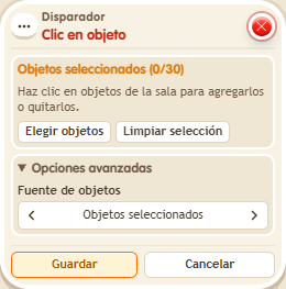 Ventana de configuración de «Disparador: clic en objeto»