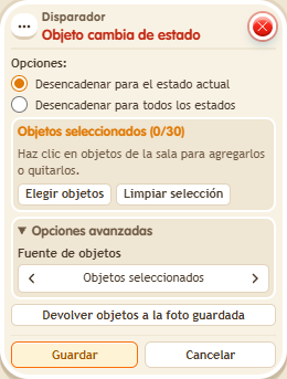 Ventana de configuración de «Disparador: objeto cambia de estado»
