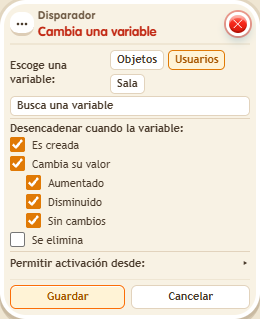 Ventana de configuración de «Disparador: cambia una variable»