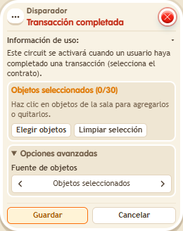 Ventana de configuración de «Disparador: transacción completada»