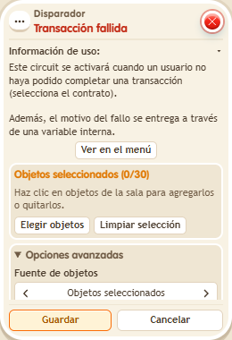Ventana de configuración de «Disparador: transacción fallida»