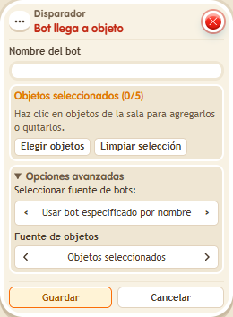 Ventana de configuración de «Disparador: bot llega a objeto»
