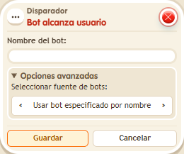 Ventana de configuración de «Disparador: bot alcanza usuario»