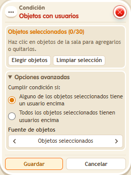 Ventana de configuración de «Condición: objetos con usuarios»