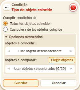 Ventana de configuración de «Condición: tipo de objeto coincide»