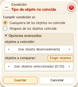 Ventana de configuración de «Condición: tipo de objeto no coincide»