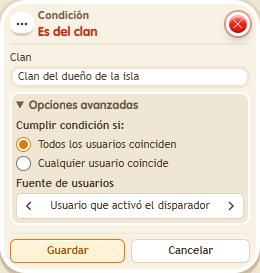 Ventana de configuración de «Condición: es del clan»