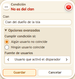 Ventana de configuración de «Condición: no es del clan»