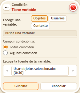 Ventana de configuración de «Condición: tiene variable»