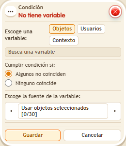 Ventana de configuración de «Condición: no tiene variable»