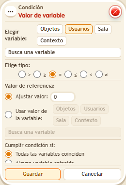 Ventana de configuración de «Condición: valor de variable»
