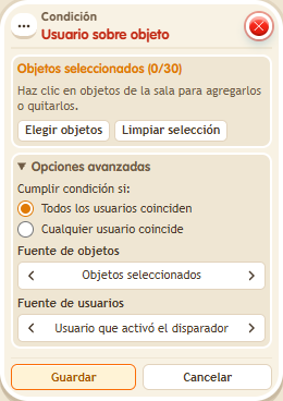 Ventana de configuración de «Condición: usuario sobre objeto»