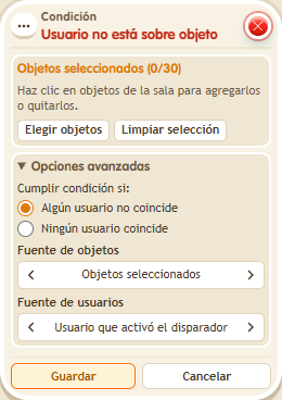 Ventana de configuración de «Condición: usuario no está sobre objeto»