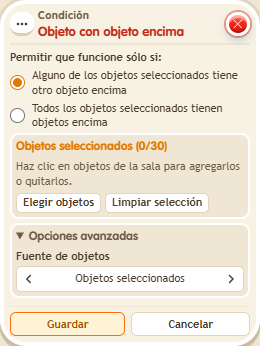 Ventana de configuración de «Condición: objeto con objeto encima»