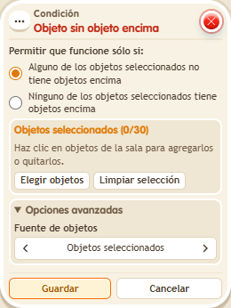 Ventana de configuración de «Condición: objeto sin objeto encima»