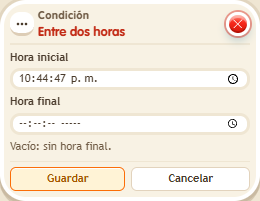 Ventana de configuración de «Condición: entre dos horas»