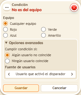 Ventana de configuración de «Condición: no es del equipo»