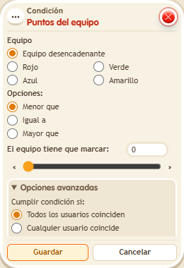 Ventana de configuración de «Condición: puntos del equipo»