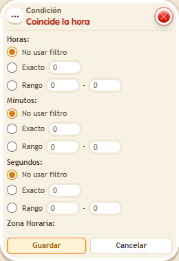 Ventana de configuración de «Condición: coincide la hora»