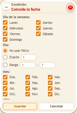 Ventana de configuración de «Condición: coincide la fecha»