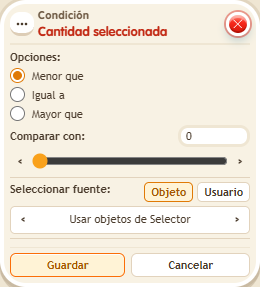 Ventana de configuración de «Condición: cantidad seleccionada»