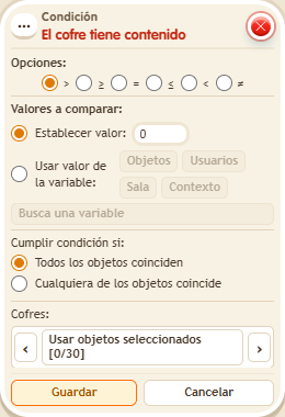 Ventana de configuración de «Condición: el cofre tiene contenido»