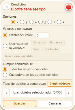 Ventana de configuración de «Condición: el cofre tiene ese tipo»