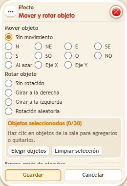 Ventana de configuración de «Efecto: mover y rotar objeto»