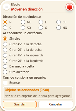 Ventana de configuración de «Efecto: mover en dirección»
