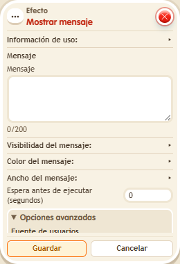 Ventana de configuración de «Efecto: mostrar mensaje»