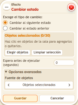 Ventana de configuración de «Efecto: cambiar estado»