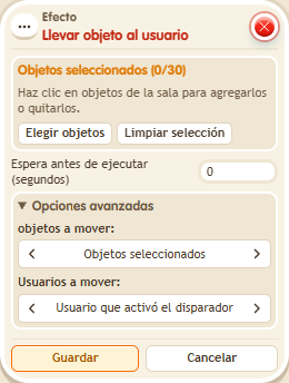 Ventana de configuración de «Efecto: llevar objeto al usuario»