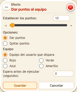 Ventana de configuración de «Efecto: dar puntos al equipo»