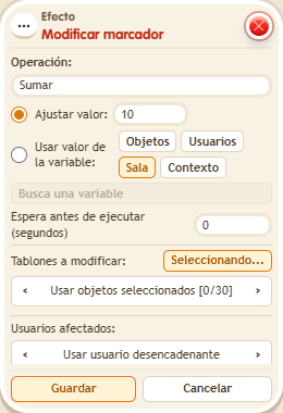 Ventana de configuración de «Efecto: modificar marcador»