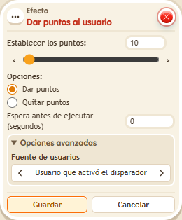 Ventana de configuración de «Efecto: dar puntos al usuario»