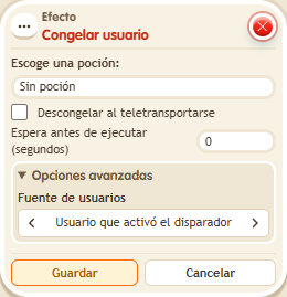 Ventana de configuración de «Efecto: congelar usuario»