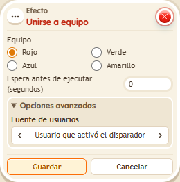 Ventana de configuración de «Efecto: unirse a equipo»