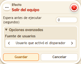 Ventana de configuración de «Efecto: salir del equipo»