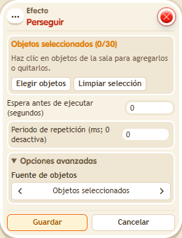 Ventana de configuración de «Efecto: perseguir»