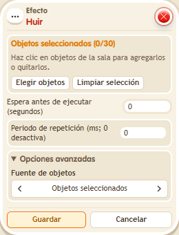 Ventana de configuración de «Efecto: huir»