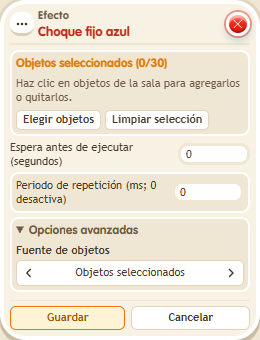 Ventana de configuración de «Efecto: choque fijo azul»