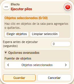 Ventana de configuración de «Efecto: ejecutar pilas»