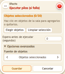 Ventana de configuración de «Efecto: ejecutar pilas (si falla)»
