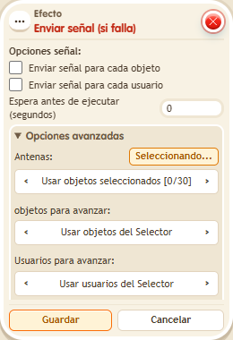 Ventana de configuración de «Efecto: enviar señal (si falla)»