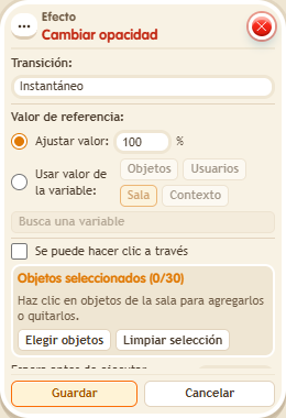 Ventana de configuración de «Efecto: cambiar opacidad»