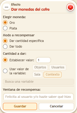 Ventana de configuración de «Efecto: dar monedas del cofre»